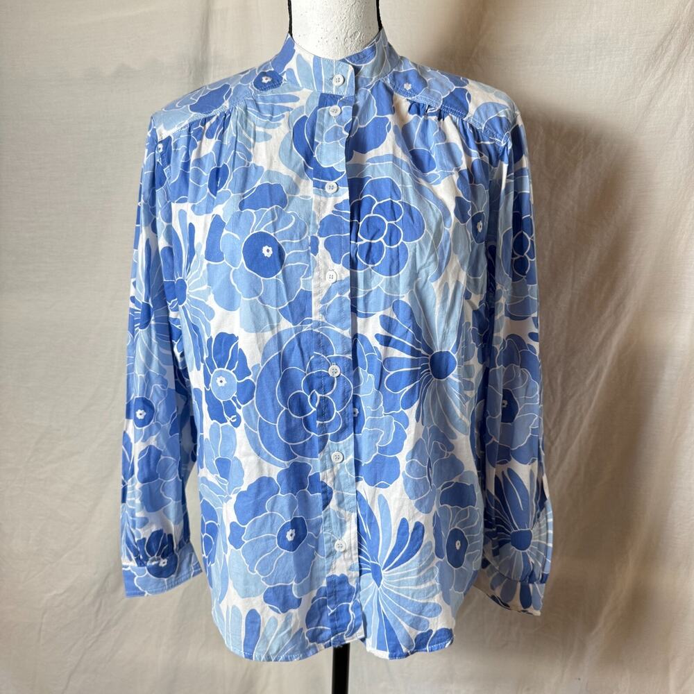 NWOT Zara Blue Floral Womens Sz S Button Up Long Sleeve Blouse Beach Summerware